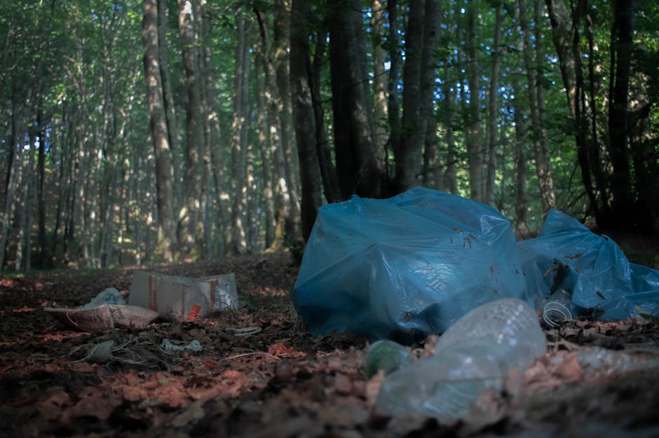 An outdoor scene showing scattered cardboard boxes, many crushed or torn, with visible branding and logos, lying on a patch of grass and dirt near a wooden fence. The cardboard is mixed with paper was